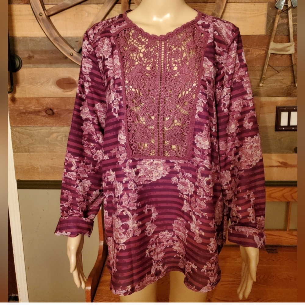 American Vintage Purple Floral/Stripes Lace Long Sleeve Blouse - Picture 10 of 10